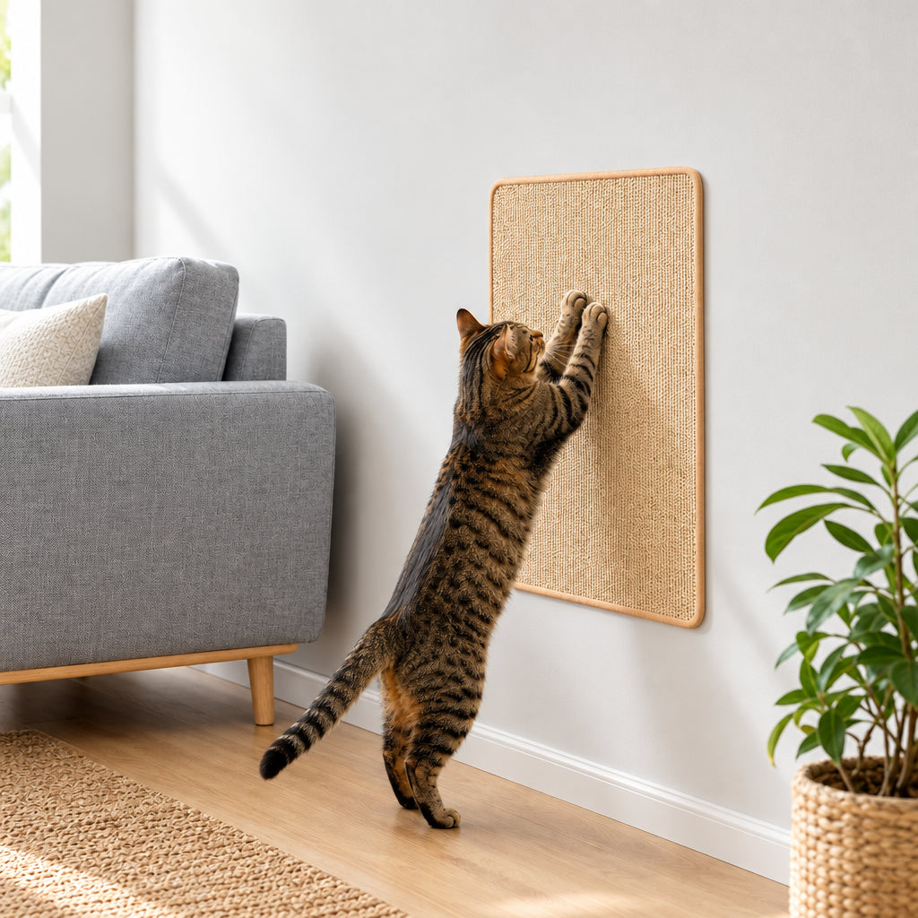 My Store natural sisal cat scratching mat adhered to a living room wall with a tabby cat scratching the surface