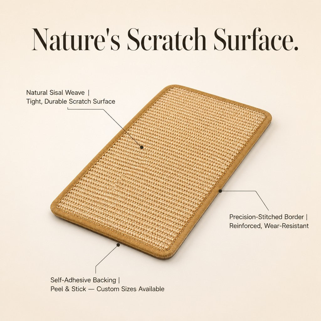 My Store natural sisal cat scratching mat with self-adhesive backing, reinforced stitched borders, and durable weave.