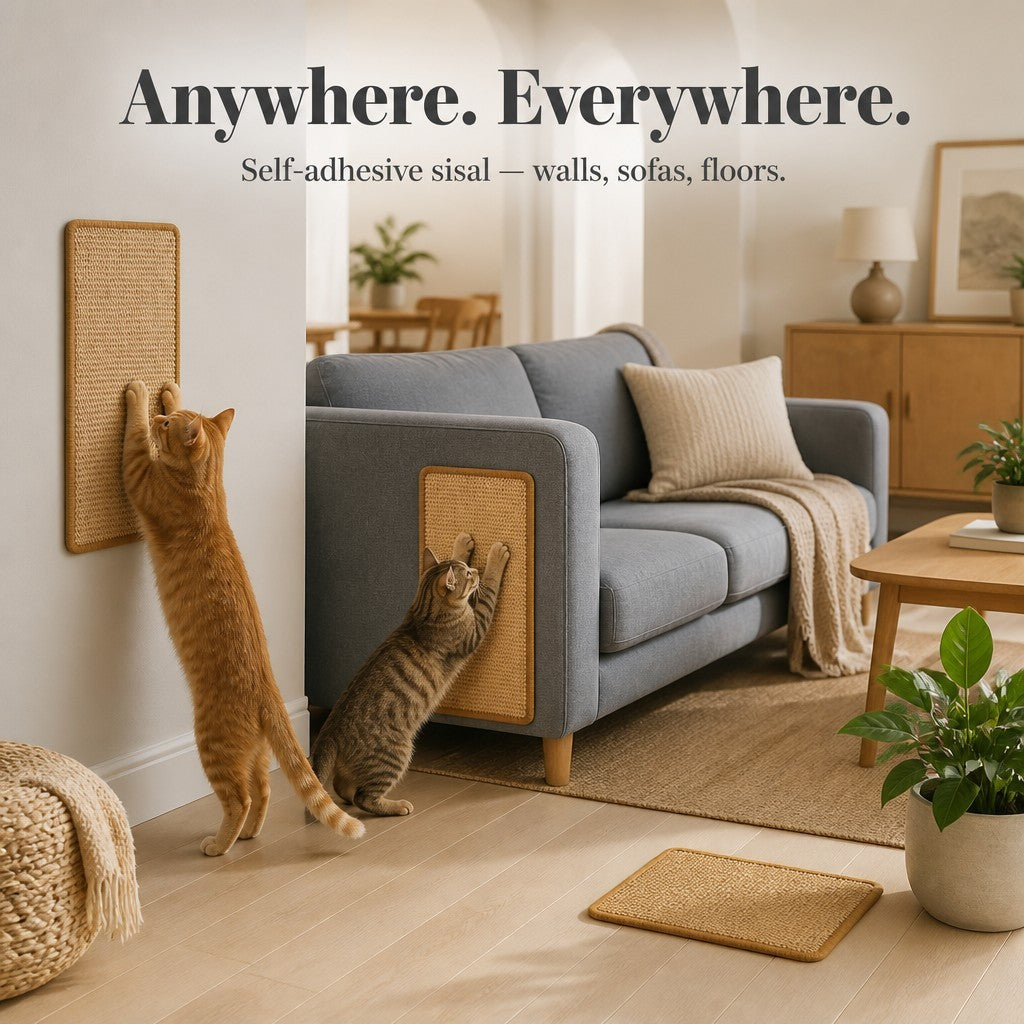 My Store natural sisal adhesive scratching mats attached to a wall and sofa, with two cats scratching the surfaces.